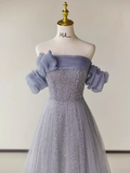 Simple A line Strapless Short Sleeves Tulle Long Prom Dress HZ1024