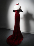 Unique Mermaid Velvet Burgundy Long Prom Dress HZ1024