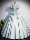 Vintage Ball Gown Blue Satin Long Prom Dress Sweet 16 Dress HZ1024