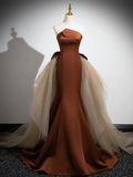 Mermaid Satin Tulle Long Brown Prom Dress HZ1024