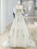 A-Line Off Shoulder Tulle Lace Applique White Long Prom Dress HZ1024