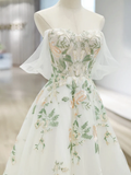 A-Line Off Shoulder Tulle Lace Applique White Long Prom Dress HZ1024