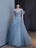 Sexy A line Straps Gray Tulle Long Prom Dress HZ1024