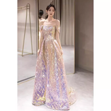 Elegant A line Strapless Lilac Sequin Long Prom Dress HZ1024