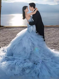 Sexy Mermaid Strapless Blue Satin Long Prom Dress HZ1024