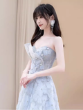 Sexy A line Strapless Blue Lace Long Prom Dress HZ1024