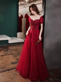 Simple A line Burgundy Sequin Long Prom Dress HZ1024