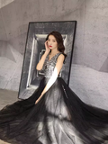 Simple A line V Neckline Black Beads Long Prom Dress HZ1024