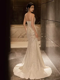 Sexy Mermaid Straps Sequin White Long Prom Dress HZ1024