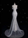 Elegant Mermaid Off The Shoulder Sequin Long White Wedding Dresses HZ1024