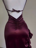 Vintage Mermaid Spaghetti Straps Custom Silk Satin Blue Long Prom Dresses HZ1024