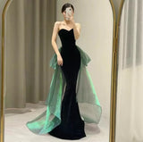 Vintage Mermaid Sweetheart Black Velvet Long Evening Dress Prom Dresses With Bow HZ1024