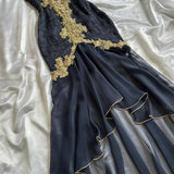 Elegant High Low Straps Black Chiffon Lace Prom Dresses Ruffles Evening Dress HZ1024