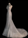 Sexy Mermaid Spaghetti Straps Sequin Long Silver Prom Dresses Evening Dress HZ1024